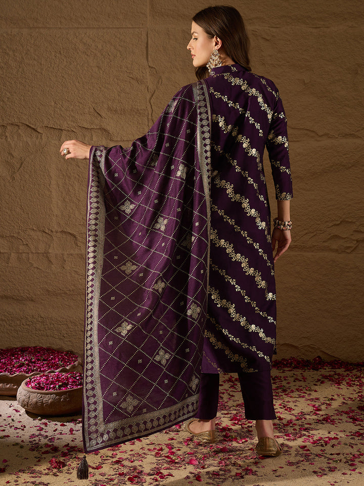 Purple-Silk-Blend-Floral-Foil-Printed-3-Piece-Kurta-Set