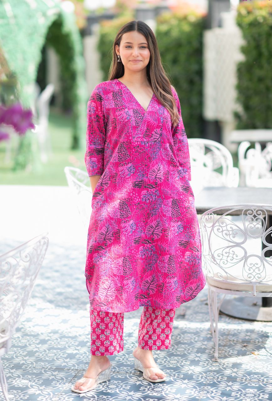 Pink-Kantha-Cotton-In-Apple-Cut-Kurta-&-Pant-Set