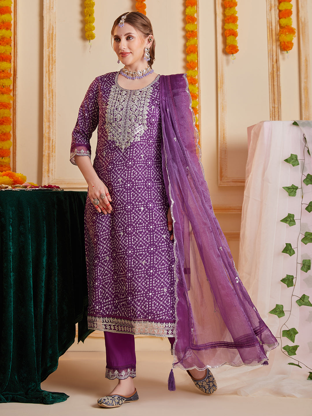 Purple-Silk-Blend-Bandhani-Print-3-Piece-Kurta-Set