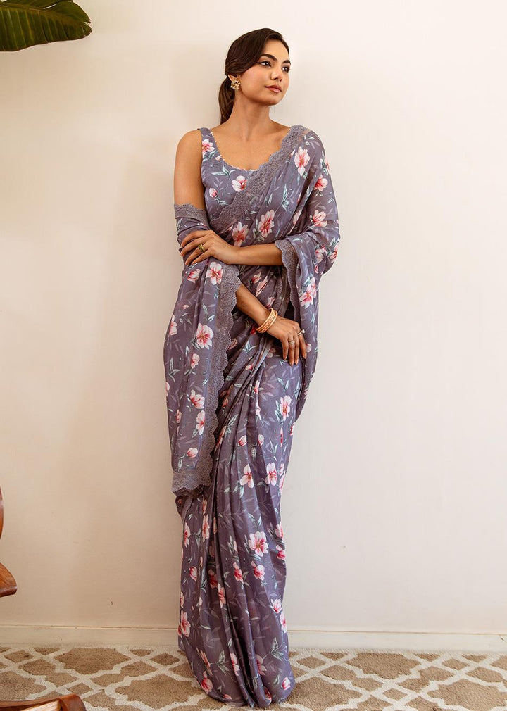 Razia-Grey-Chinon-Chiffon-Flowery-Pre-Draped-Saree
