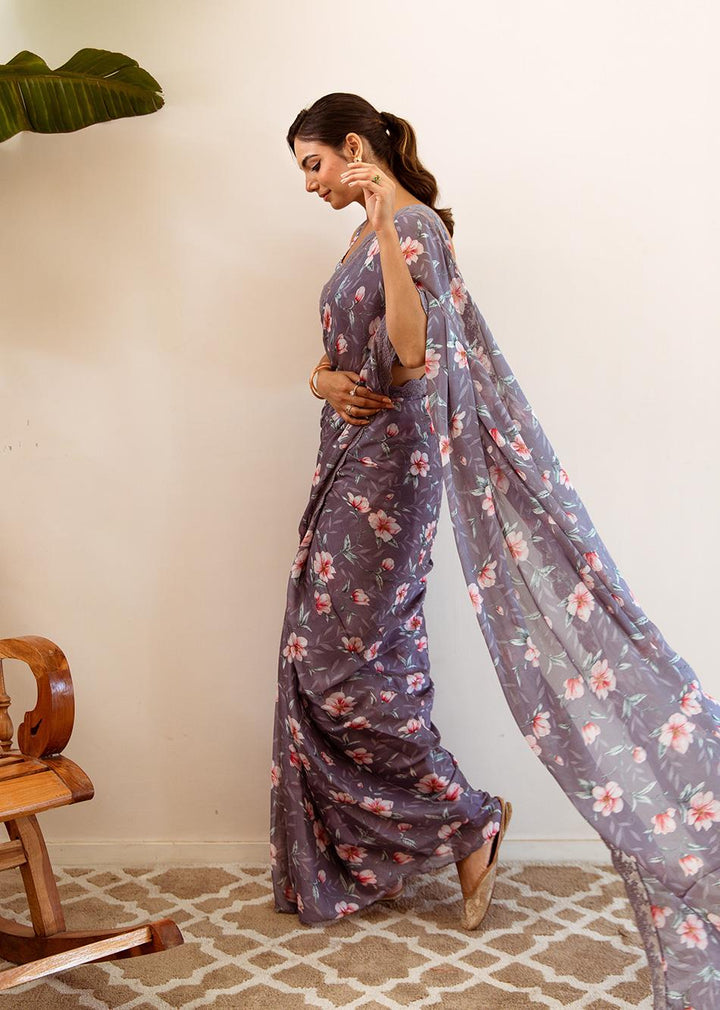 Razia-Grey-Chinon-Chiffon-Flowery-Pre-Draped-Saree