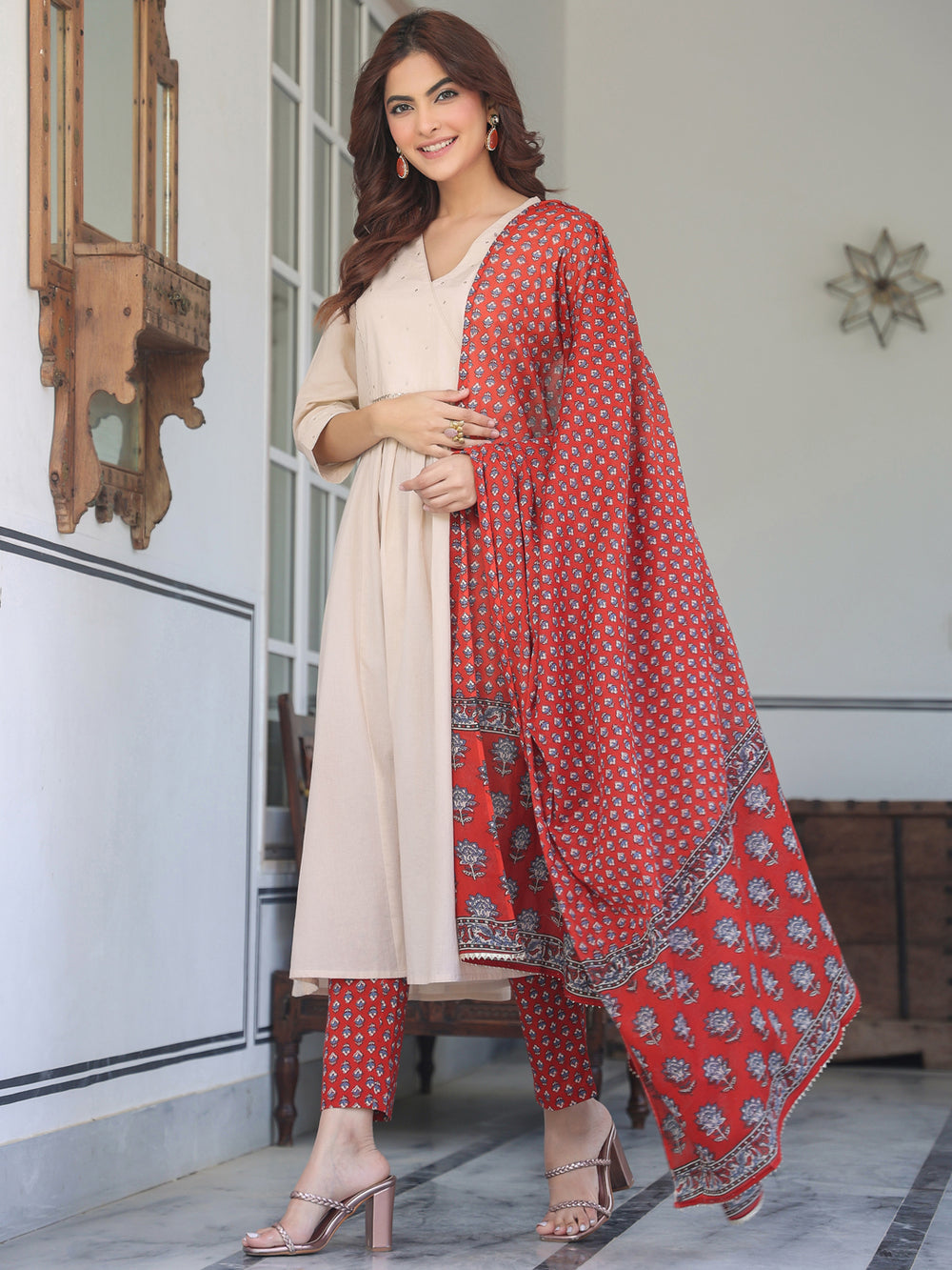Red-Cotton-A-Line-Solid-3-Piece-Kurta-Set