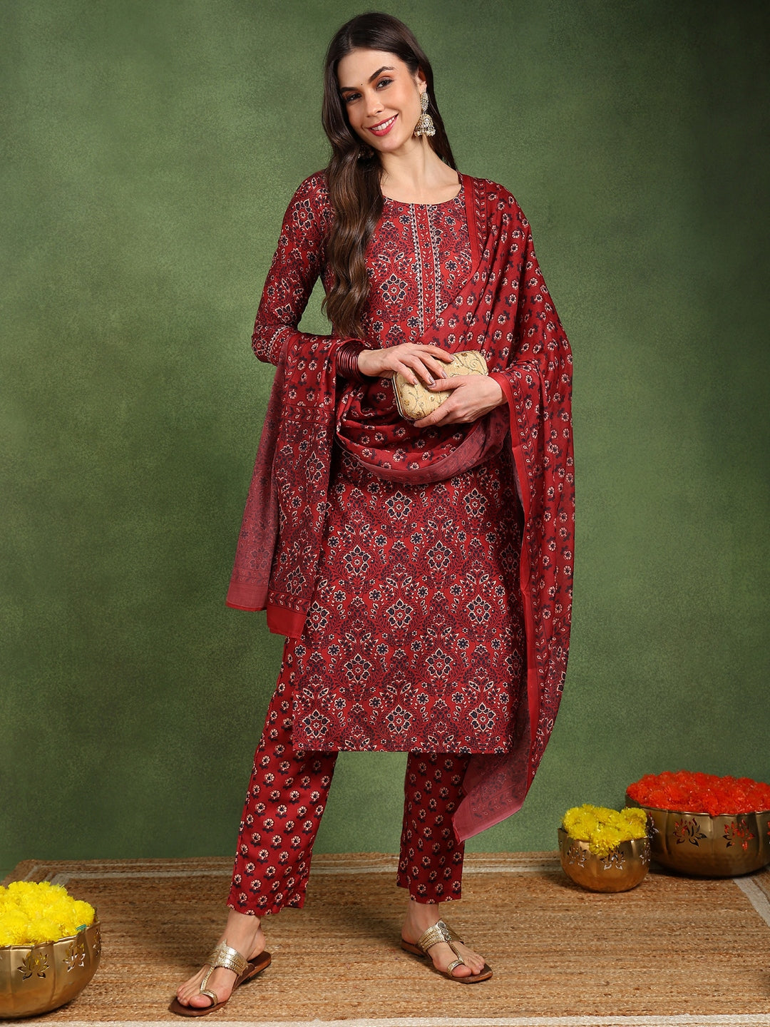 ZERESOUQ-Red-Cotton-Blend-Floral-Printed-Straight-3-Piece-Kurta-Set