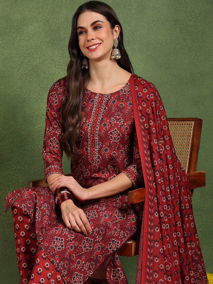 ZERESOUQ-Red-Cotton-Blend-Floral-Printed-Straight-3-Piece-Kurta-Set