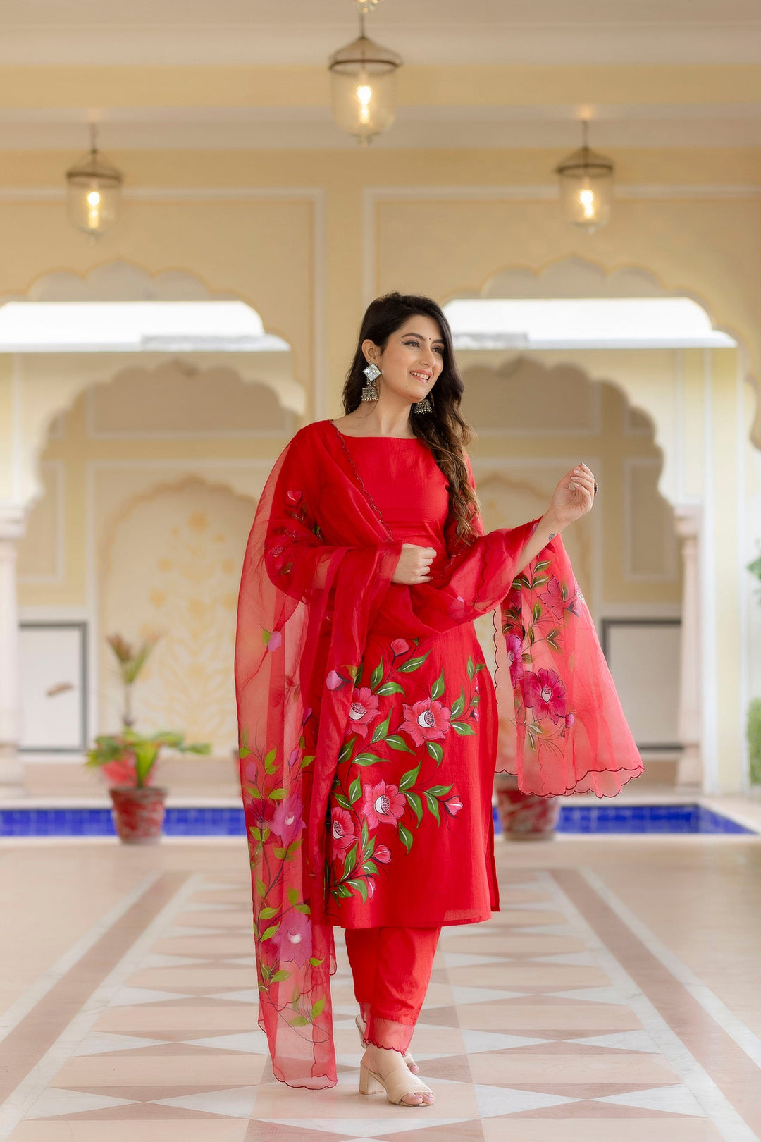 Red-Cotton-Brush-Print-3-Piece-Anarkali-Set