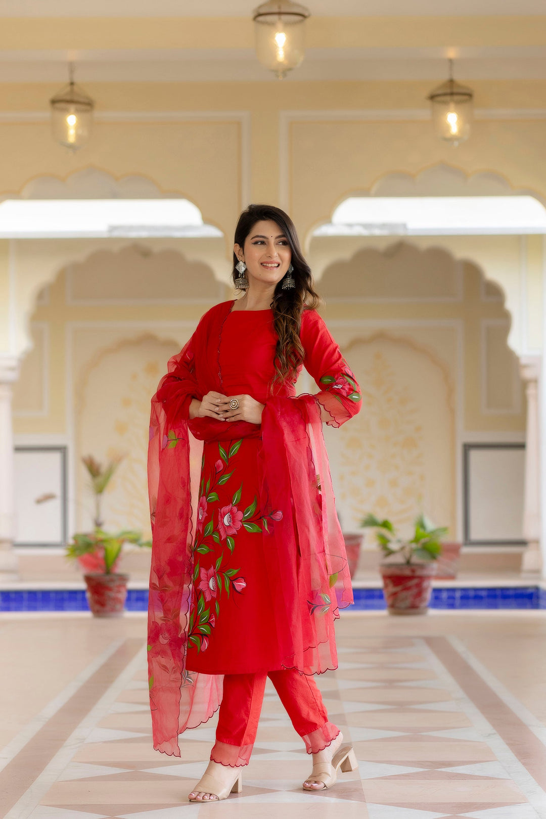 Red-Cotton-Brush-Print-3-Piece-Anarkali-Set