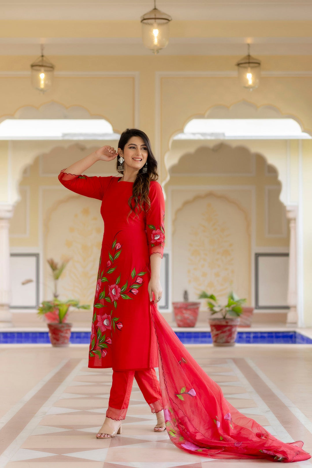 Red-Cotton-Brush-Print-3-Piece-Anarkali-Set