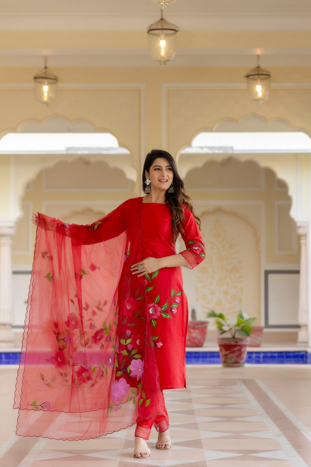 Red-Cotton-Brush-Print-3-Piece-Anarkali-Set