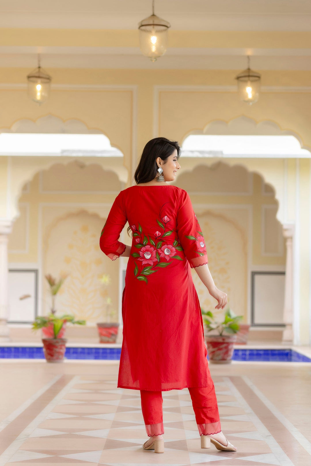 Red-Cotton-Brush-Print-3-Piece-Anarkali-Set