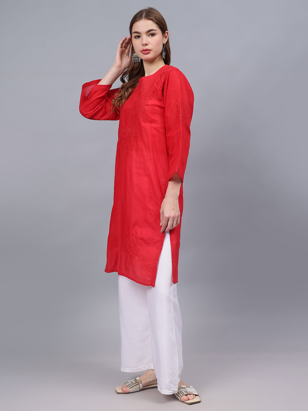 Red-Cotton-Embroidered-Chikankari-Kurta