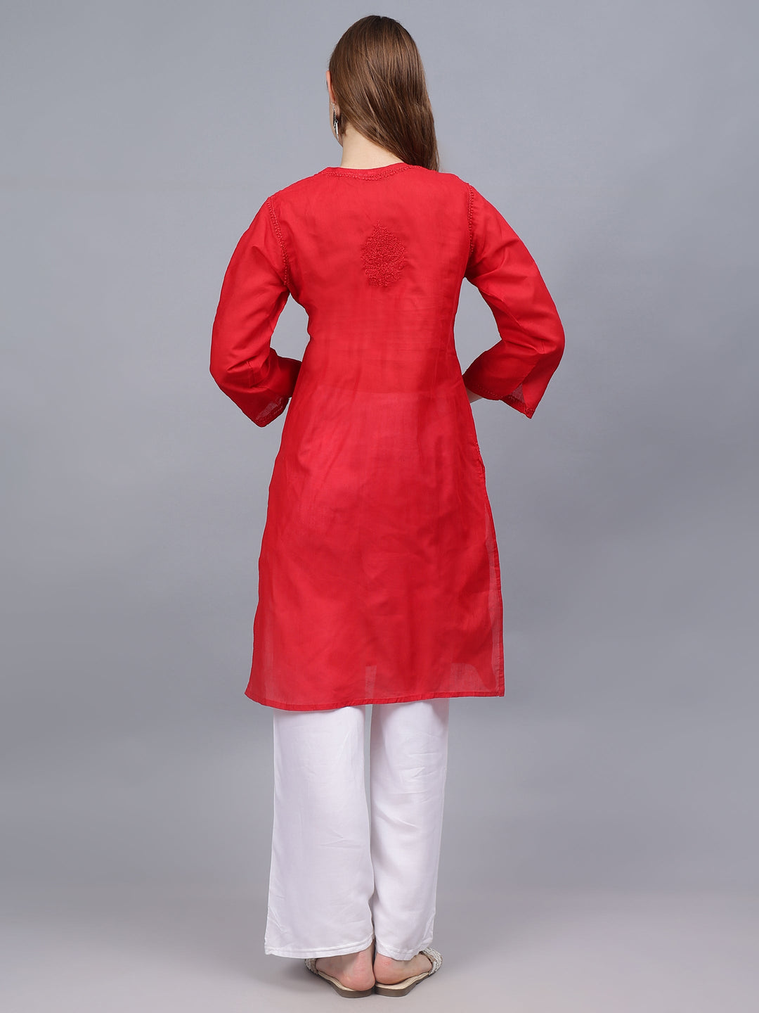 Red-Cotton-Embroidered-Chikankari-Kurta