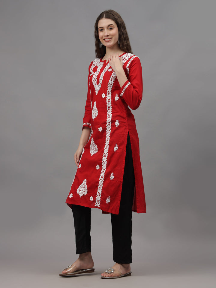 Red-Cotton-Embroidered-Chikankari-Straight-Kurti