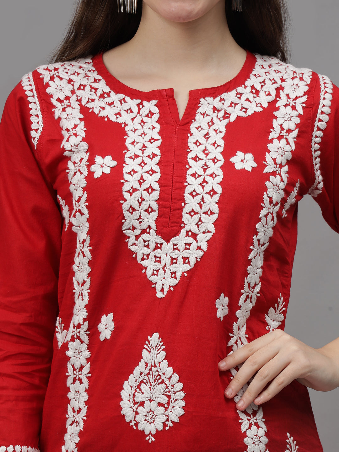 Red-Cotton-Embroidered-Chikankari-Straight-Kurti