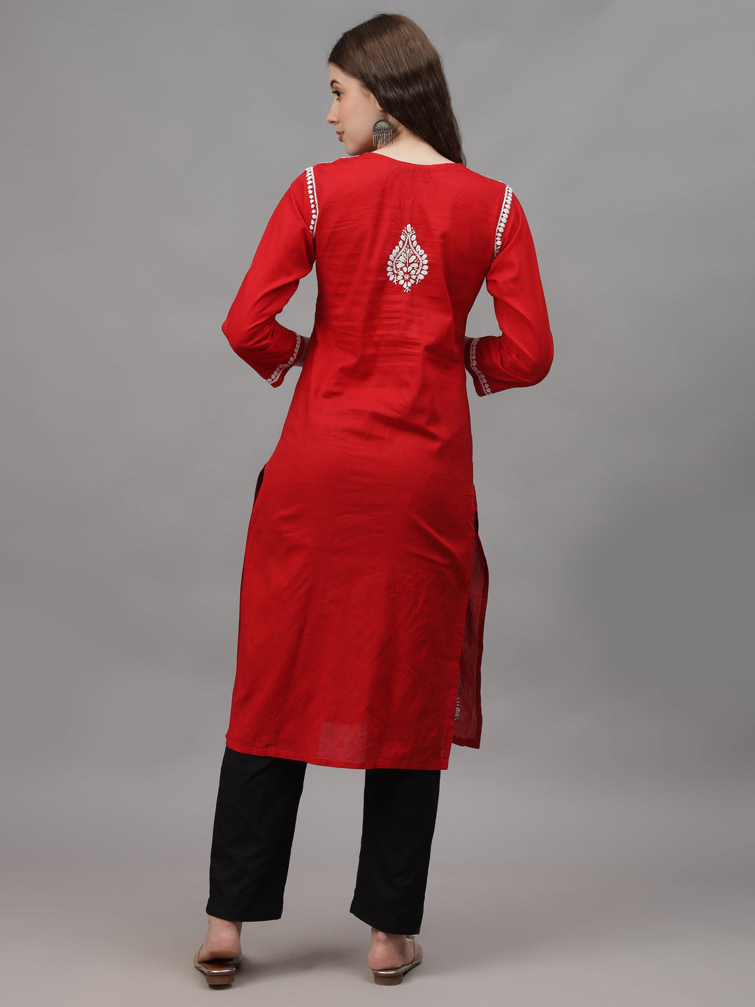 Red-Cotton-Embroidered-Chikankari-Straight-Kurti