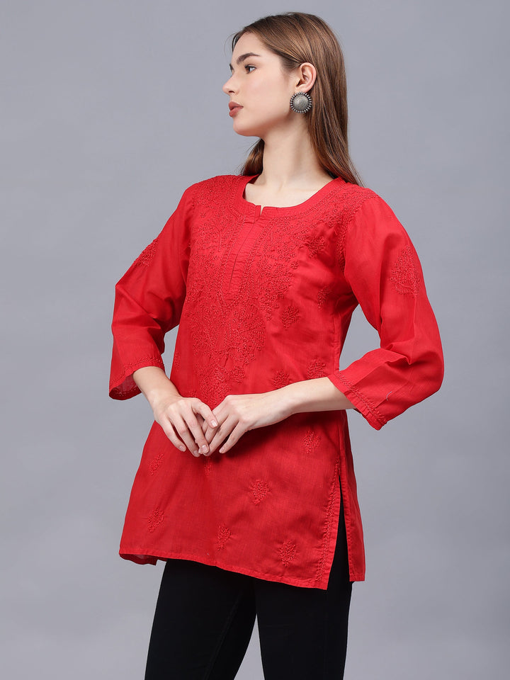 Red-Cotton-Embroidered-Chikankari-Tunic