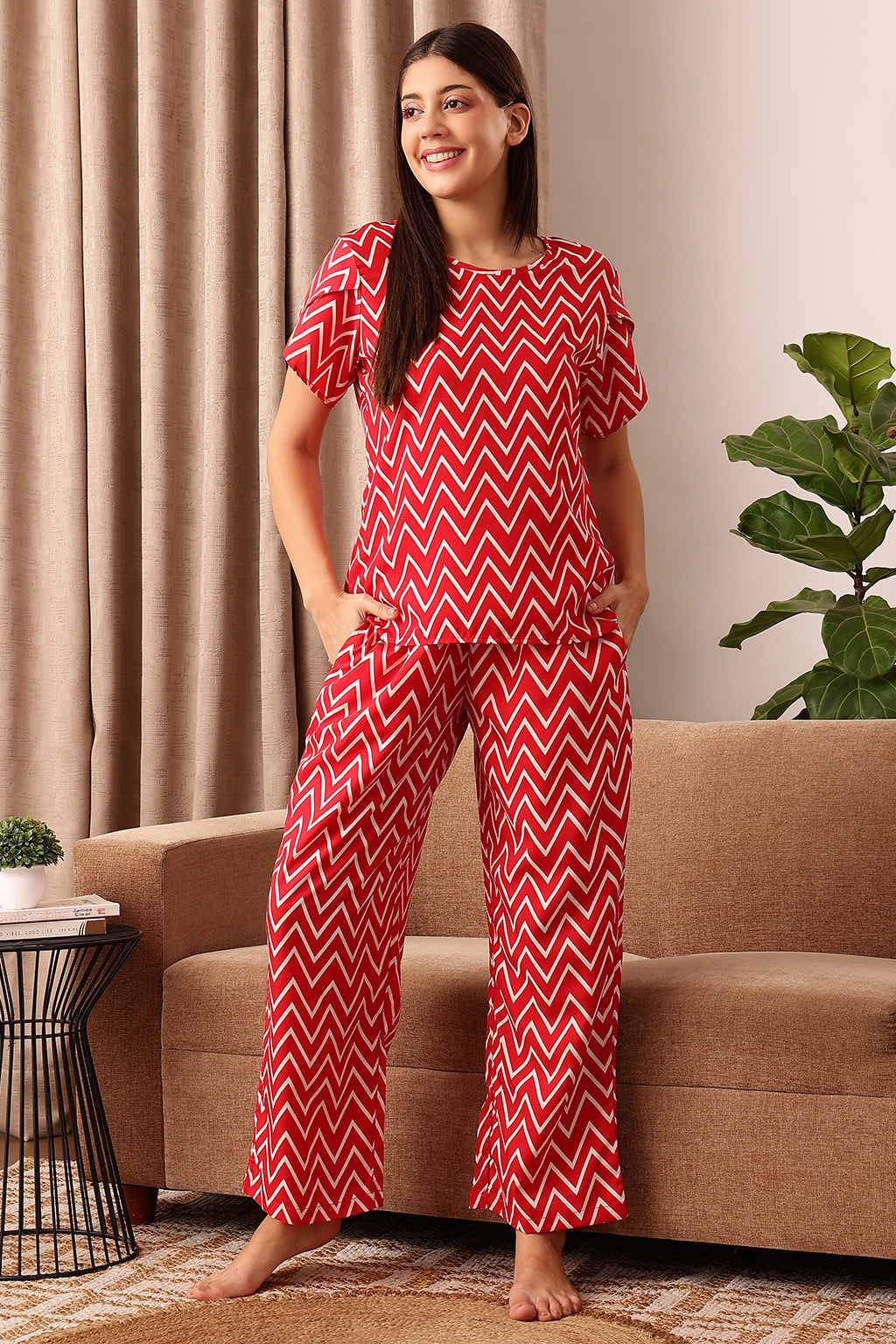Red-Crepe-Chevron-Print-Top-&-Pyjama-Set