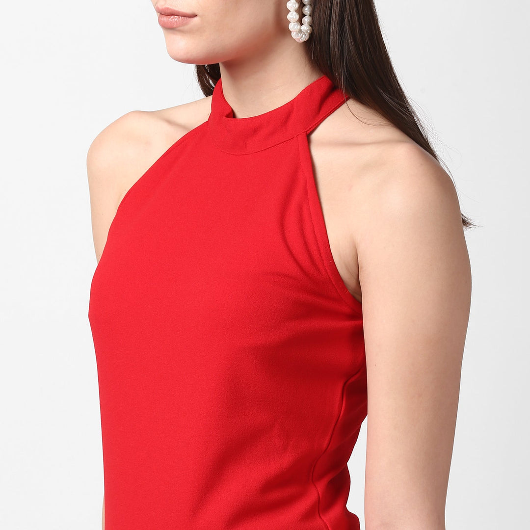 Red-Polyester-Asymmetrical-Lace-Dress