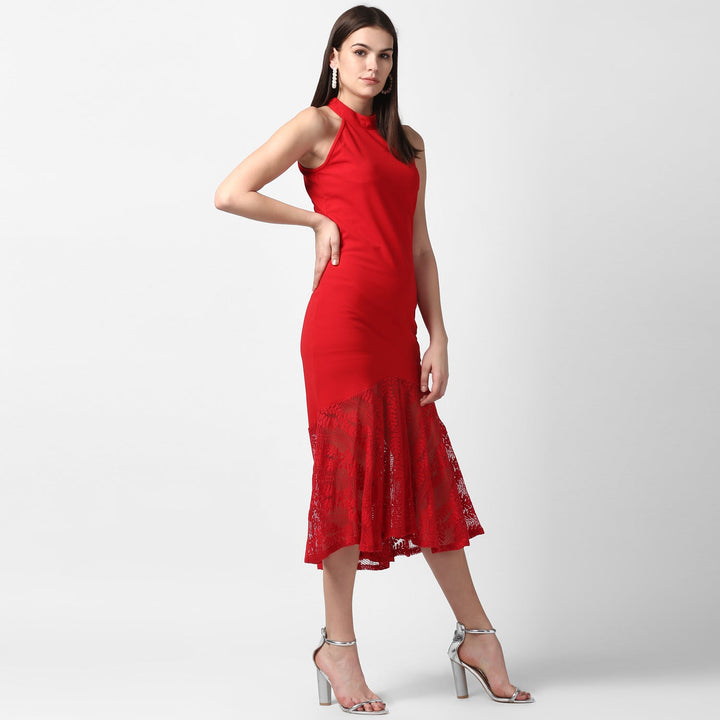 Red-Polyester-Asymmetrical-Lace-Dress