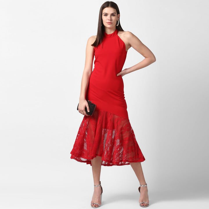 Red-Polyester-Asymmetrical-Lace-Dress