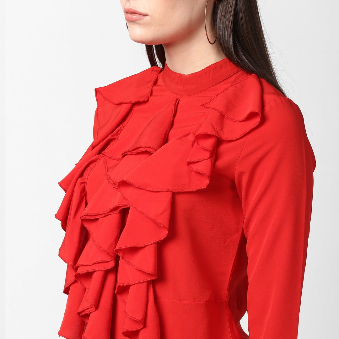 Red-Polyester-Front-Ruffle-Bell-Sleeve-Dress