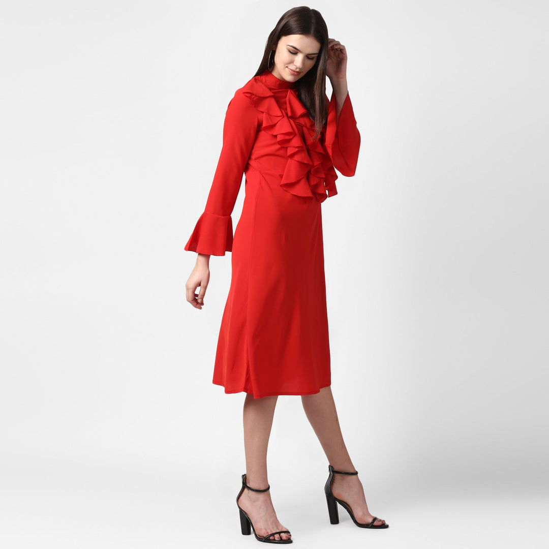 Red-Polyester-Front-Ruffle-Bell-Sleeve-Dress