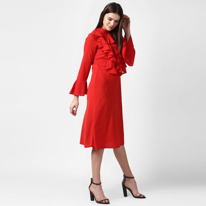 Red-Polyester-Front-Ruffle-Bell-Sleeve-Dress