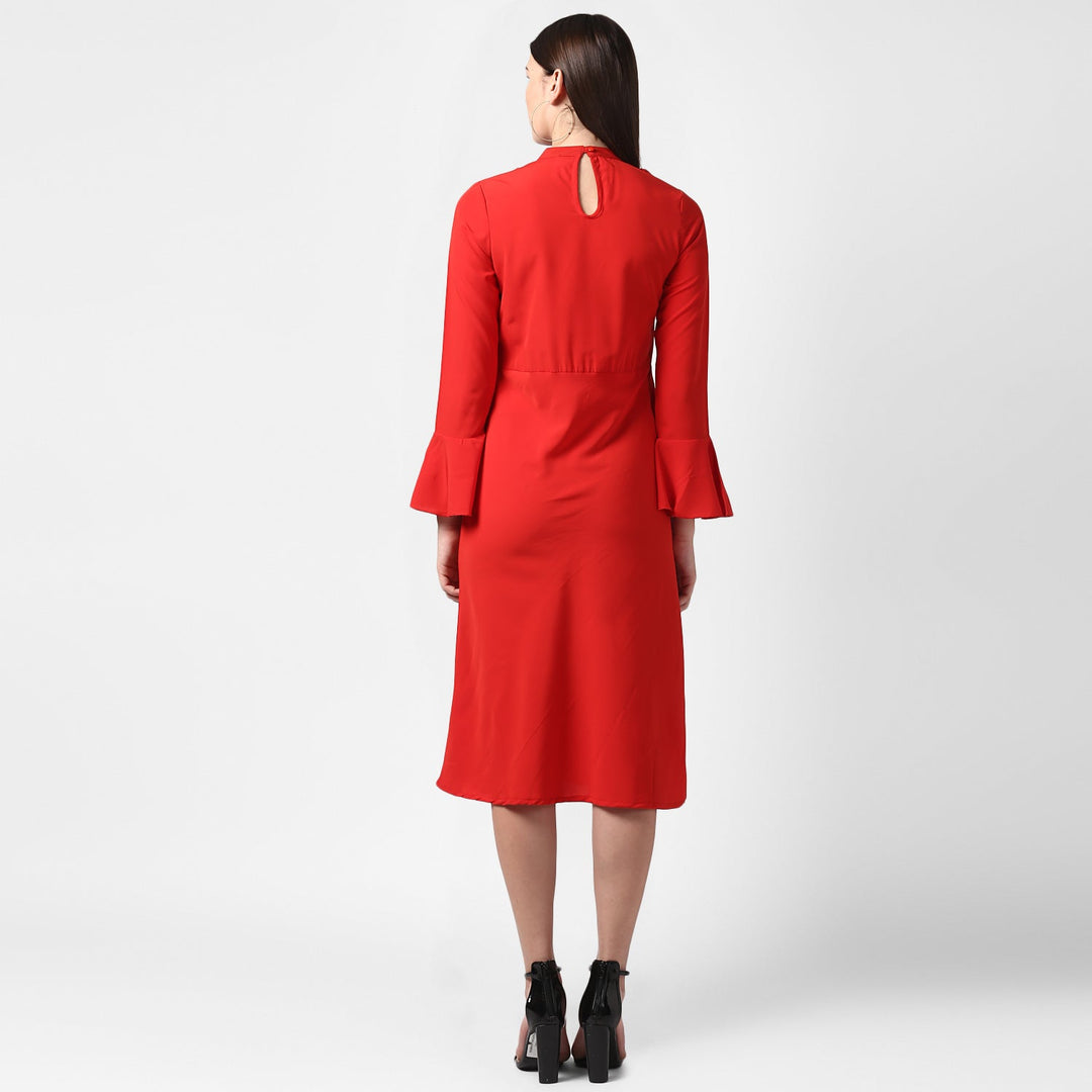 Red-Polyester-Front-Ruffle-Bell-Sleeve-Dress