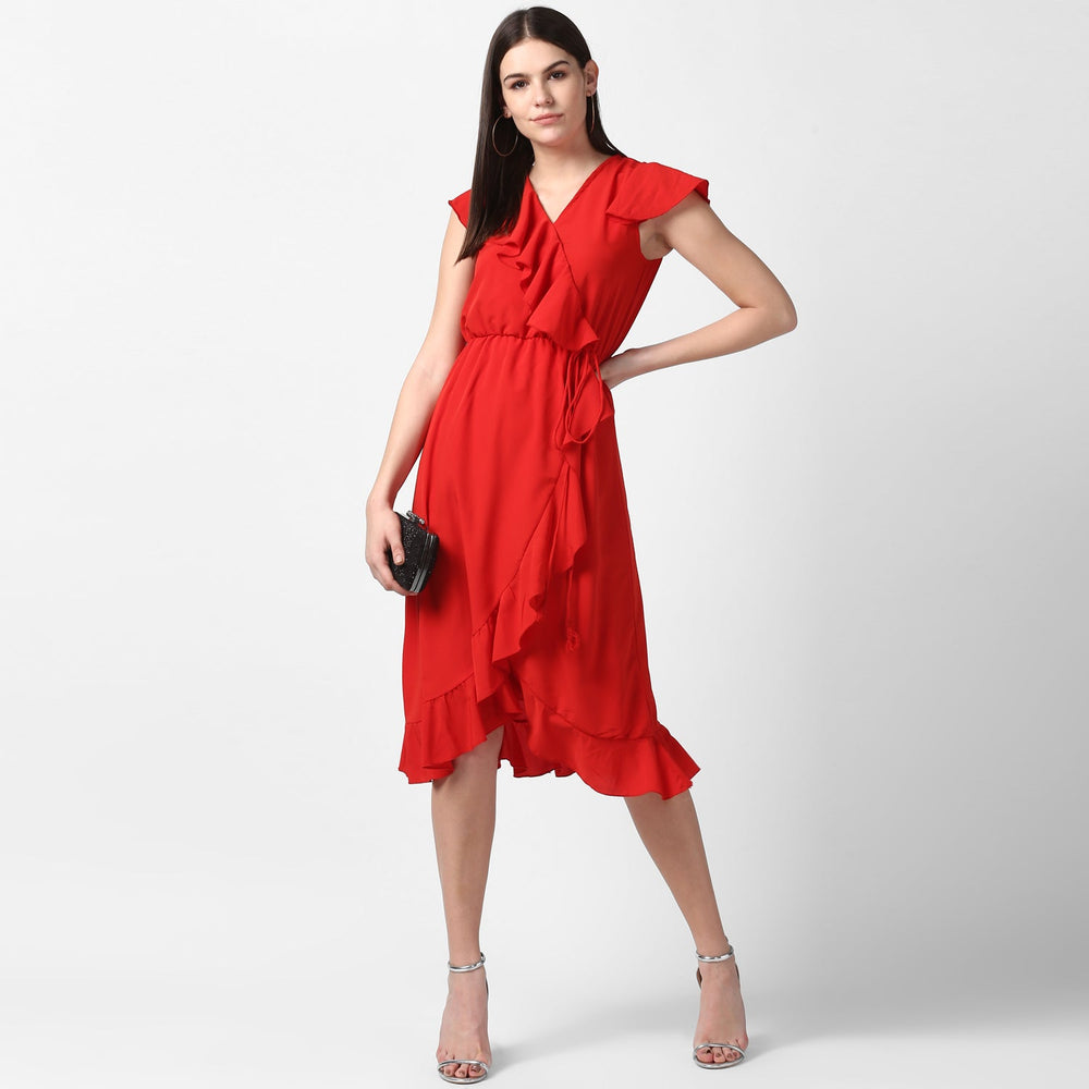 Red-Polyester-Front-Ruffle-Dress