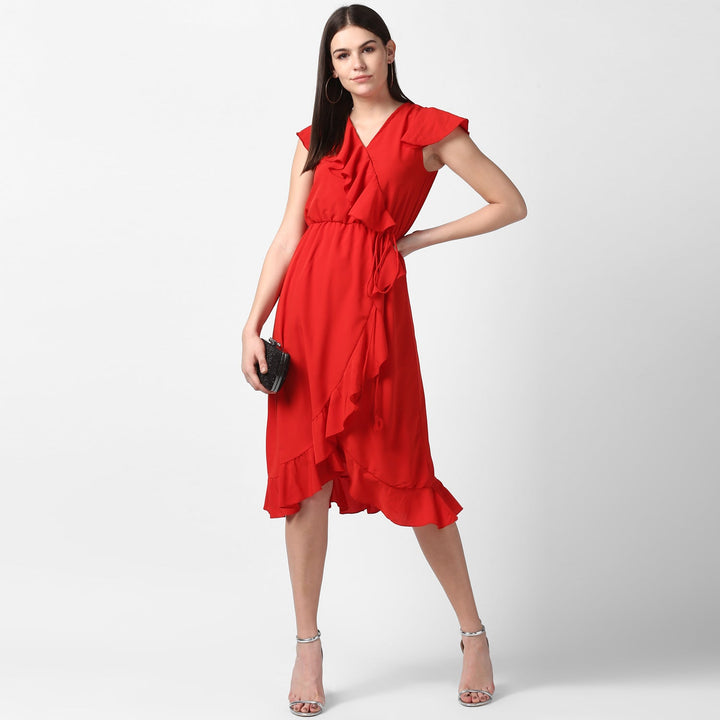 Red-Polyester-Front-Ruffle-Dress
