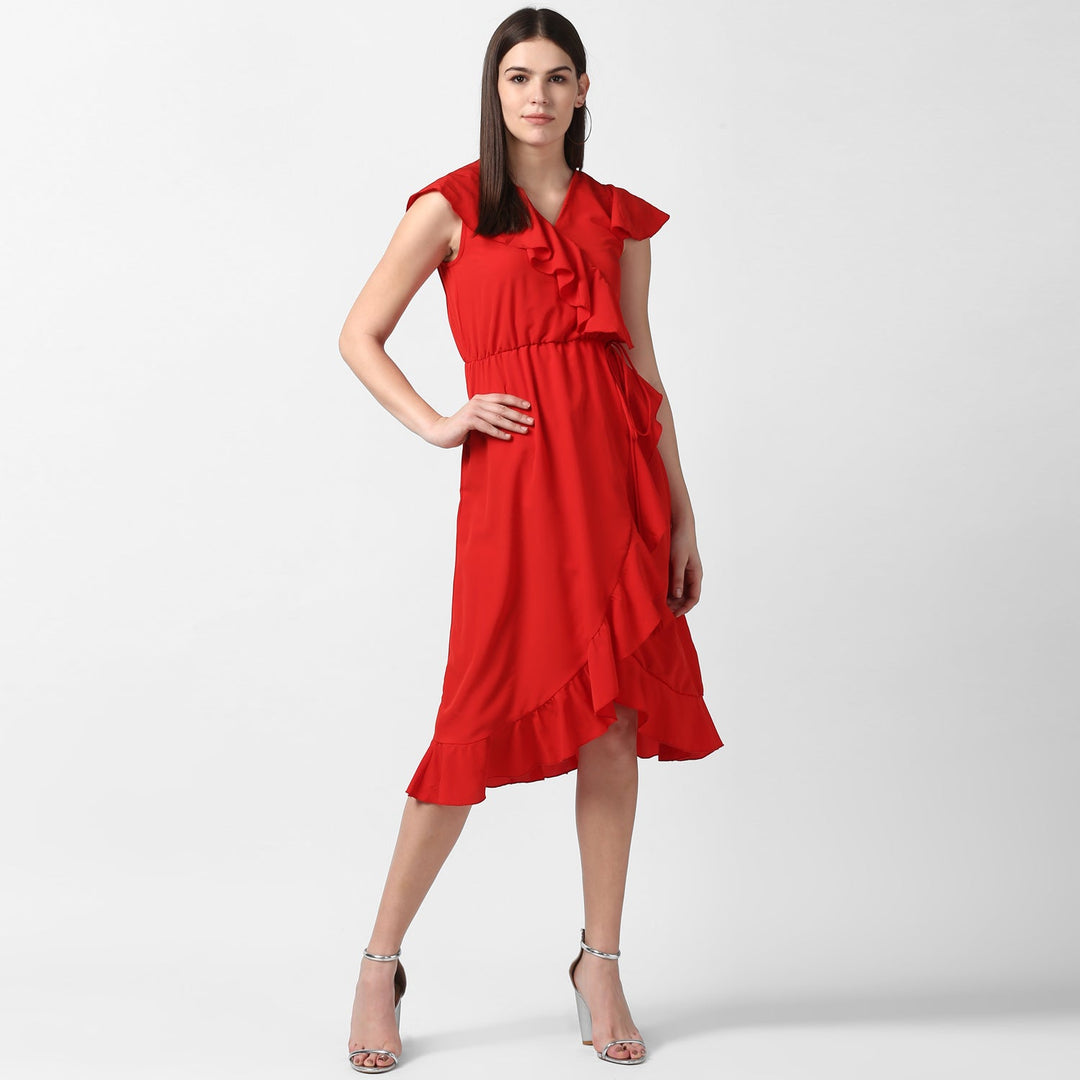 Red-Polyester-Front-Ruffle-Dress