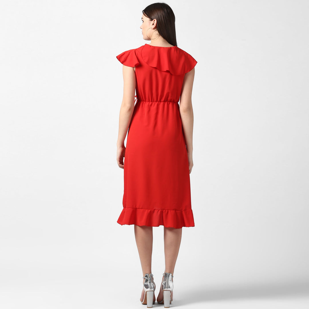 Red-Polyester-Front-Ruffle-Dress