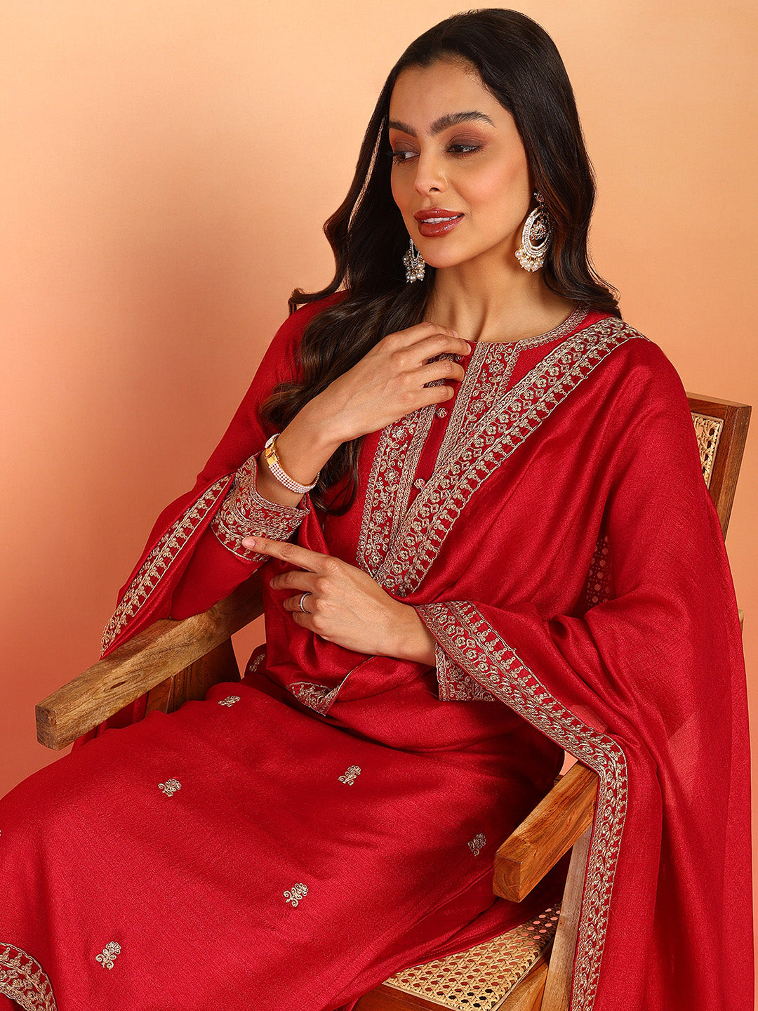 ZERESOUQ-Red-Silk-Blend-Embroidered-3-Piece-Kurta-Set