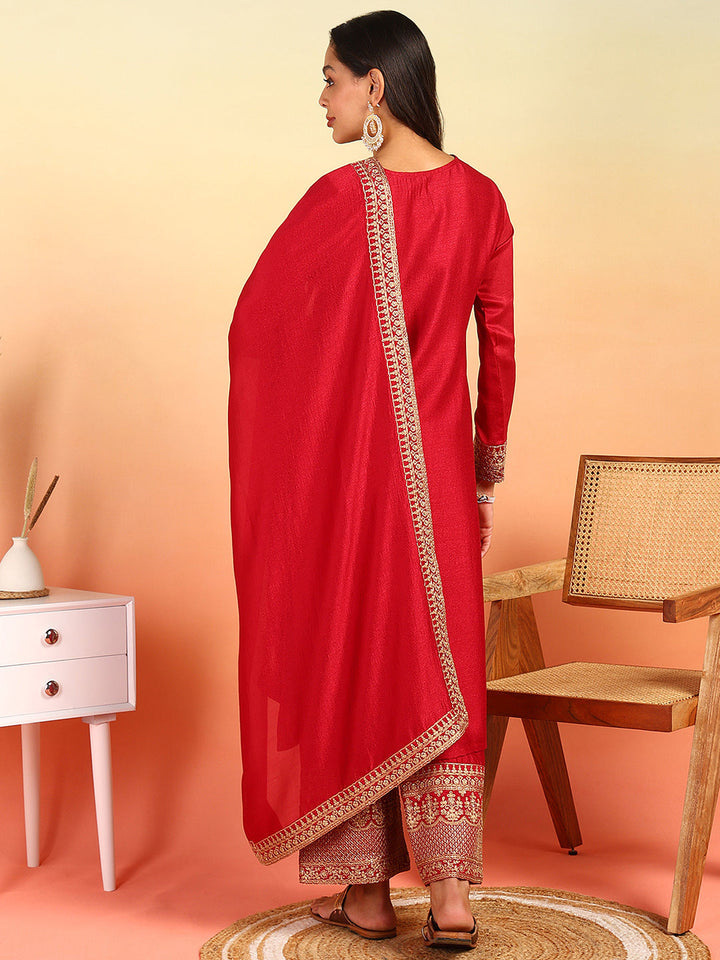 ZERESOUQ-Red-Silk-Blend-Embroidered-3-Piece-Kurta-Set