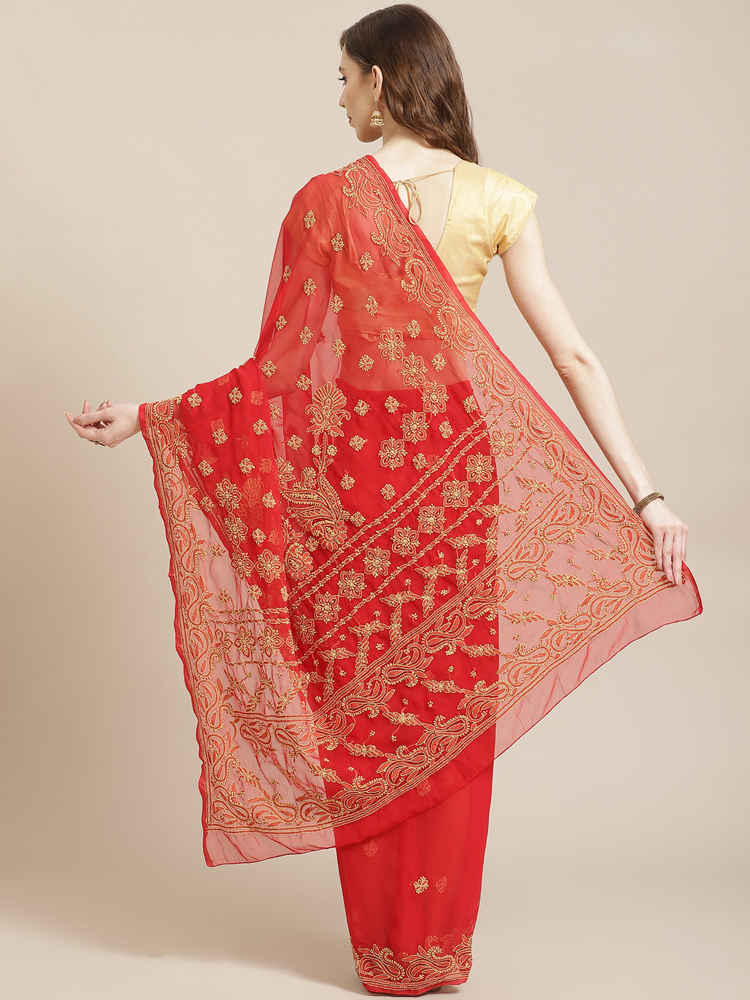 Red-&-Beige-Georgette-Hand-Embroidered-Chikankari-Saree