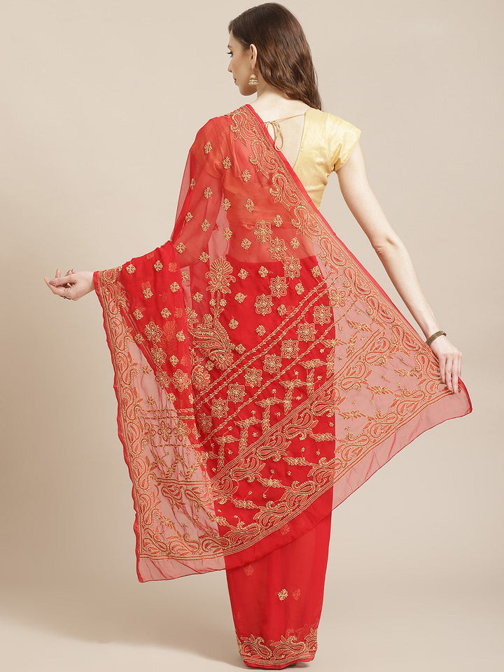 Red-&-Beige-Georgette-Hand-Embroidered-Chikankari-Saree