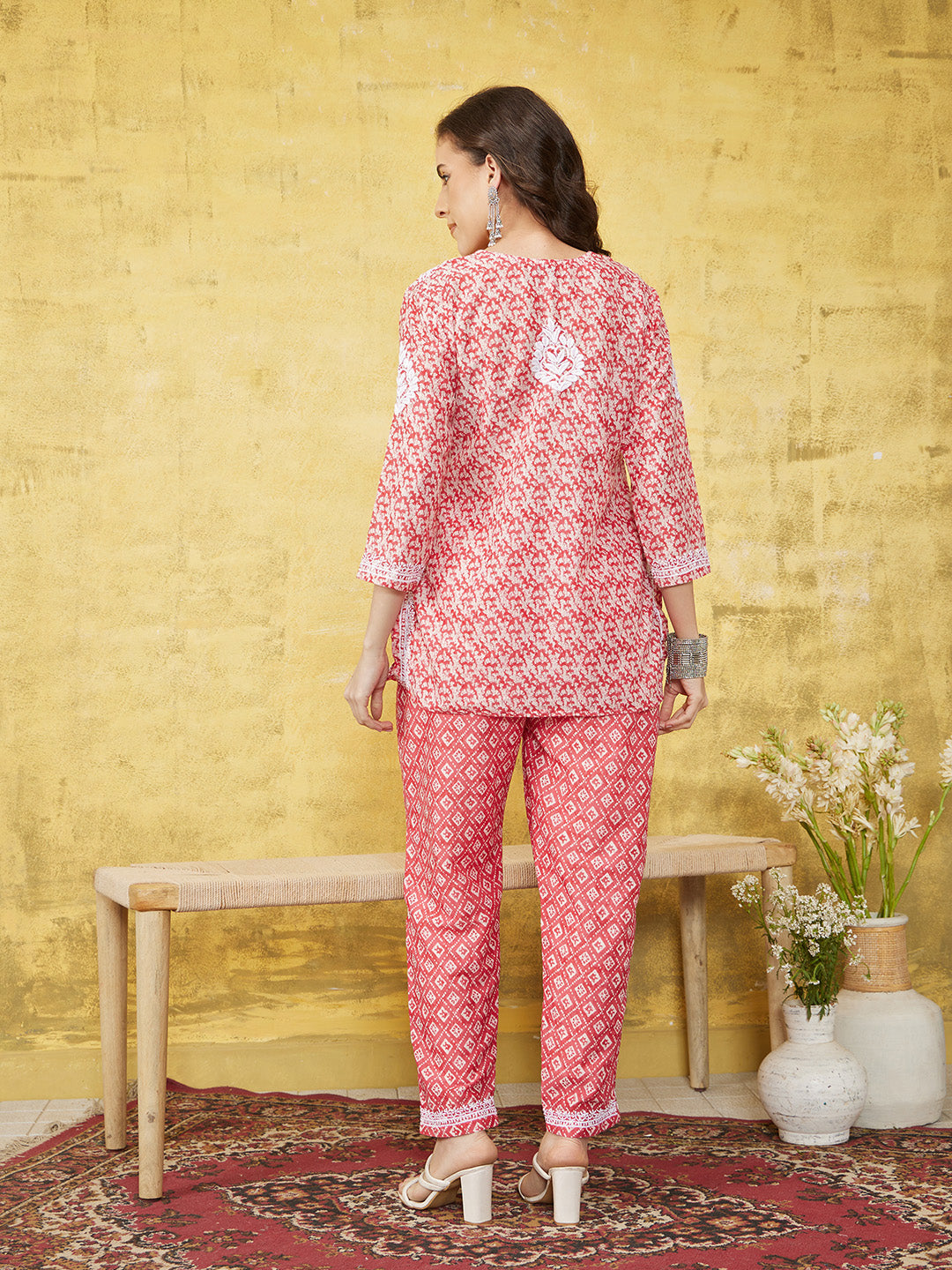 Red-&-Beige-Muslin-Chikankari-Printed-2-Piece-Kurta-Set
