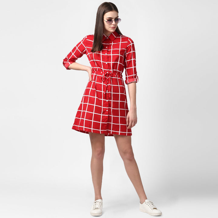 Red-&-White-Polyester-Check-Shirt-Dress-with-Belt