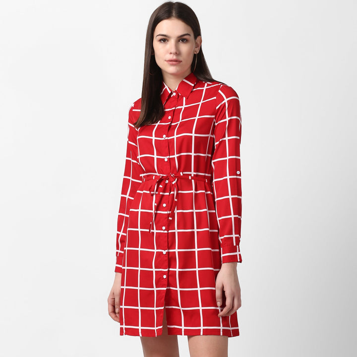 Red-&-White-Polyester-Check-Shirt-Dress-with-Belt