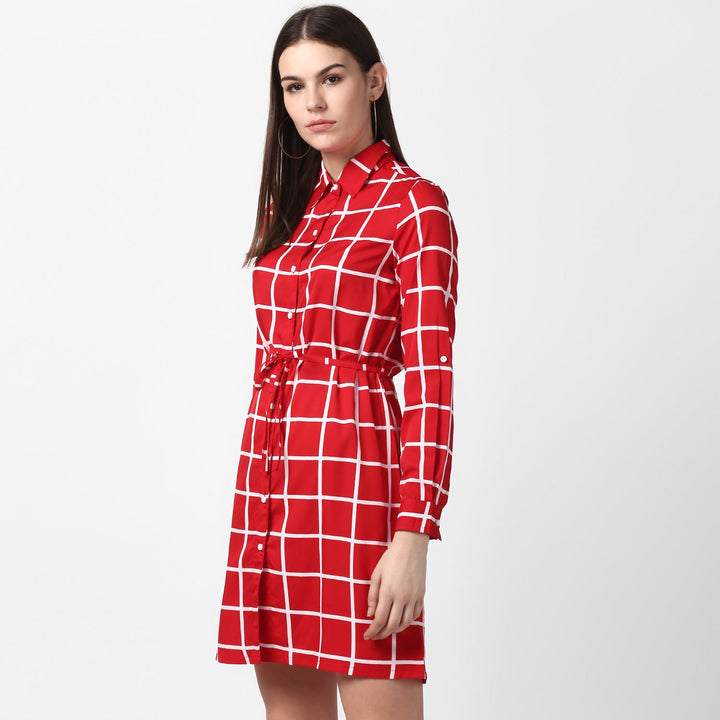 Red-&-White-Polyester-Check-Shirt-Dress-with-Belt