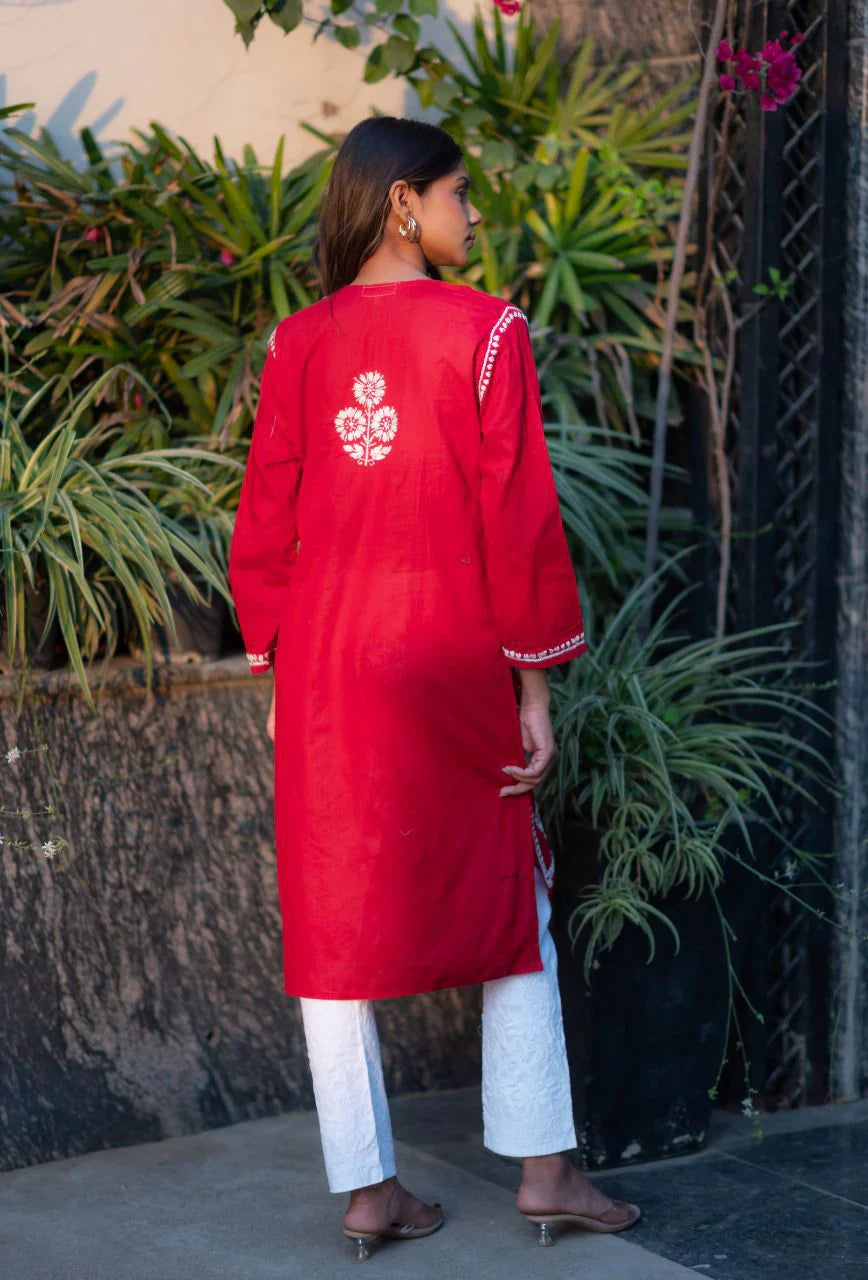 Red-Cotton-Alifa-Chikankari-Kurta-Only