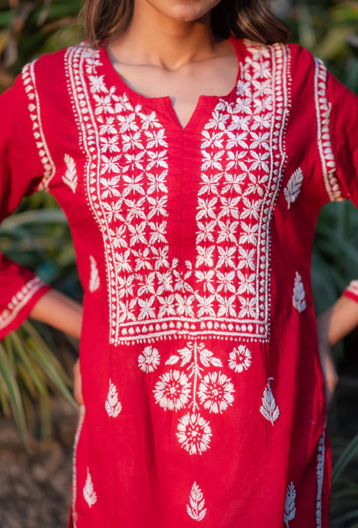 Red-Cotton-Alifa-Chikankari-Kurta-Only