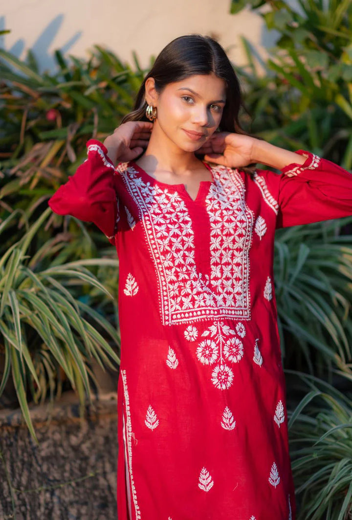 Red-Cotton-Alifa-Chikankari-Kurta-Only