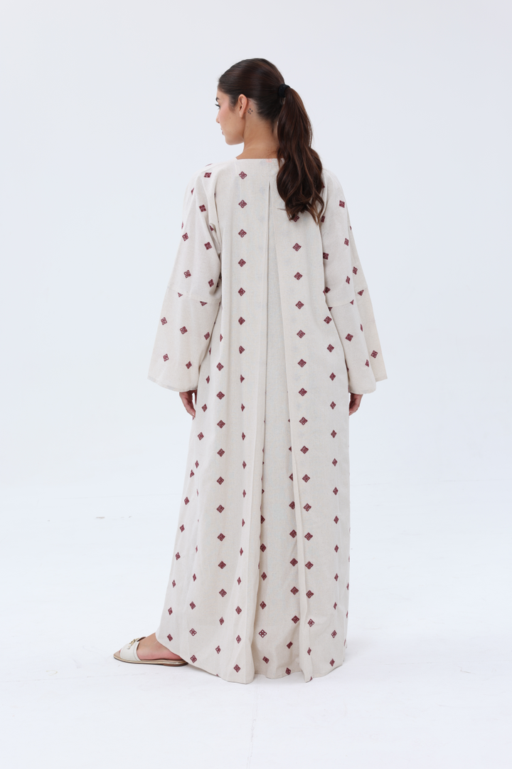 Beige-&-Off-White-Red-Linen-Blend-Embroidered-Abaya-Set