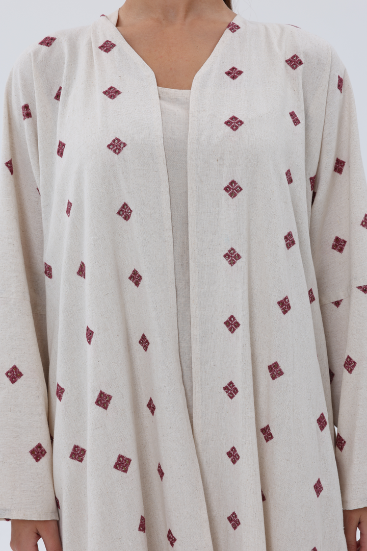 Beige-&-Off-White-Red-Linen-Blend-Embroidered-Abaya-Set