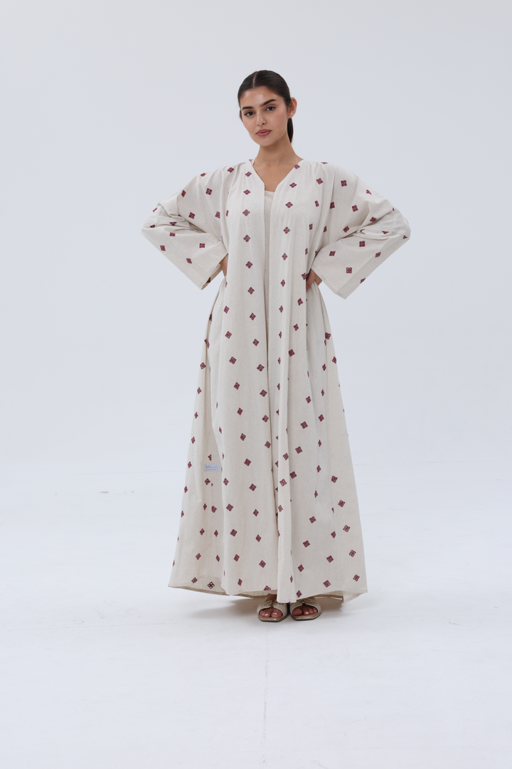 Beige-&-Off-White-Red-Linen-Blend-Embroidered-Abaya-Set