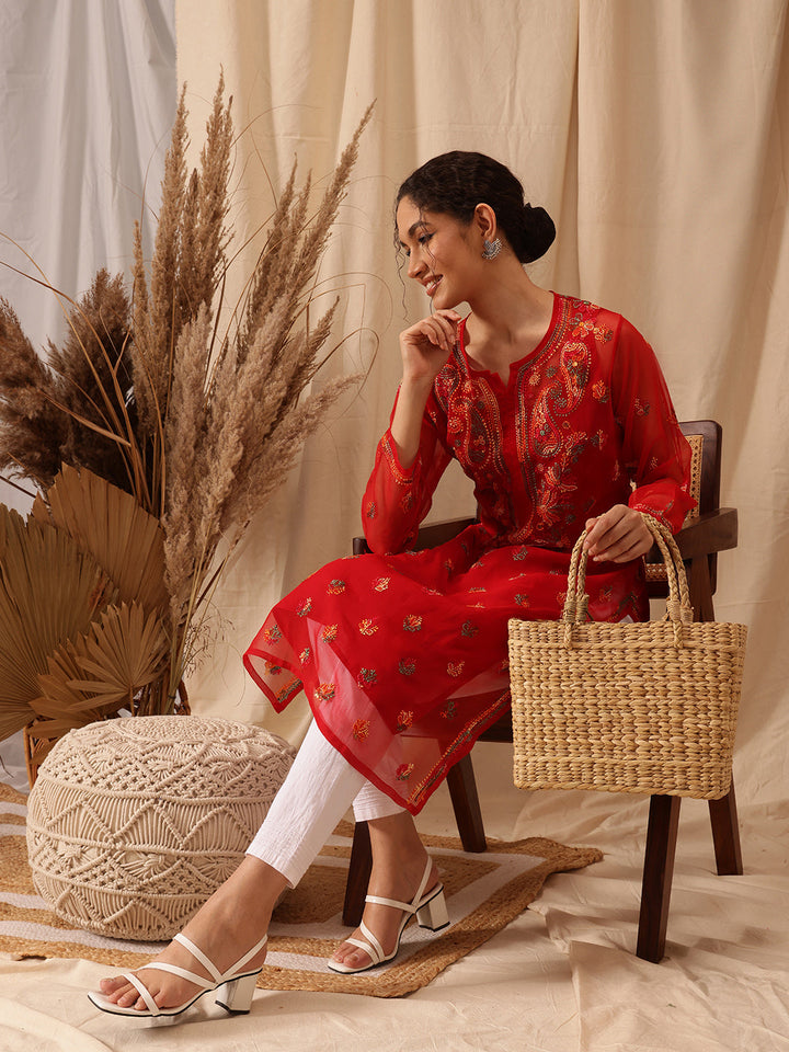 Red-&-Multi-Poly-Georgette-Chikankari-Kurta-With-Slip