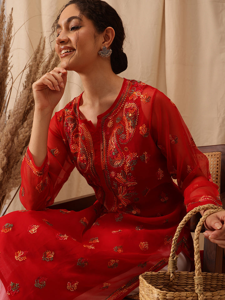 Red-&-Multi-Poly-Georgette-Chikankari-Kurta-With-Slip