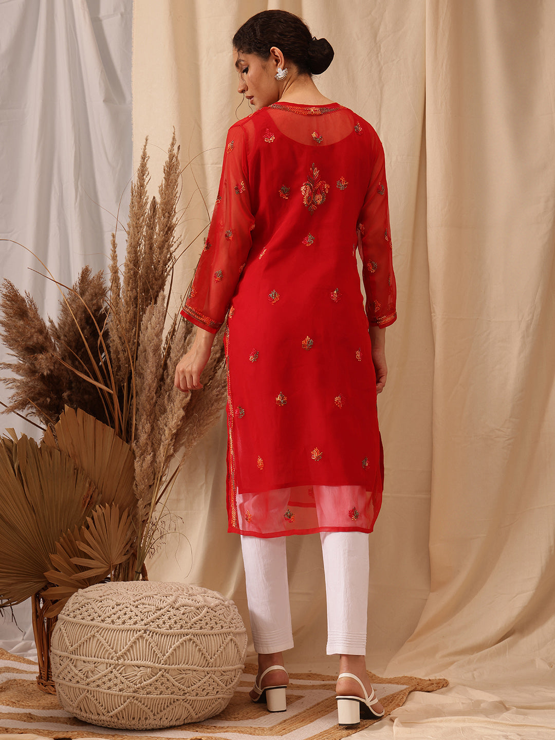 Red-&-Multi-Poly-Georgette-Chikankari-Kurta-With-Slip