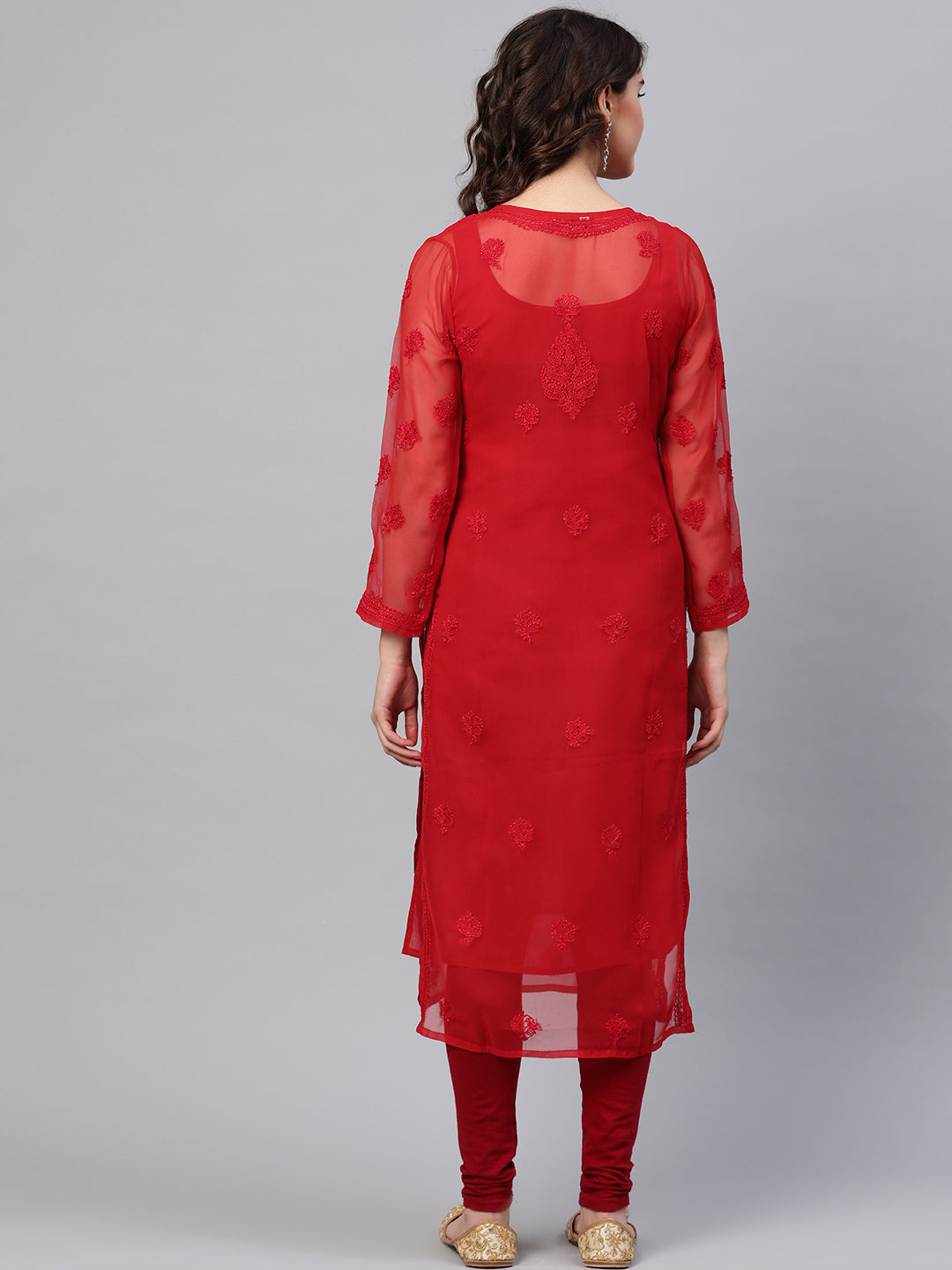 Red-Poly-Georgette-Embroidered-Chikankari-Kurta-With-Slip