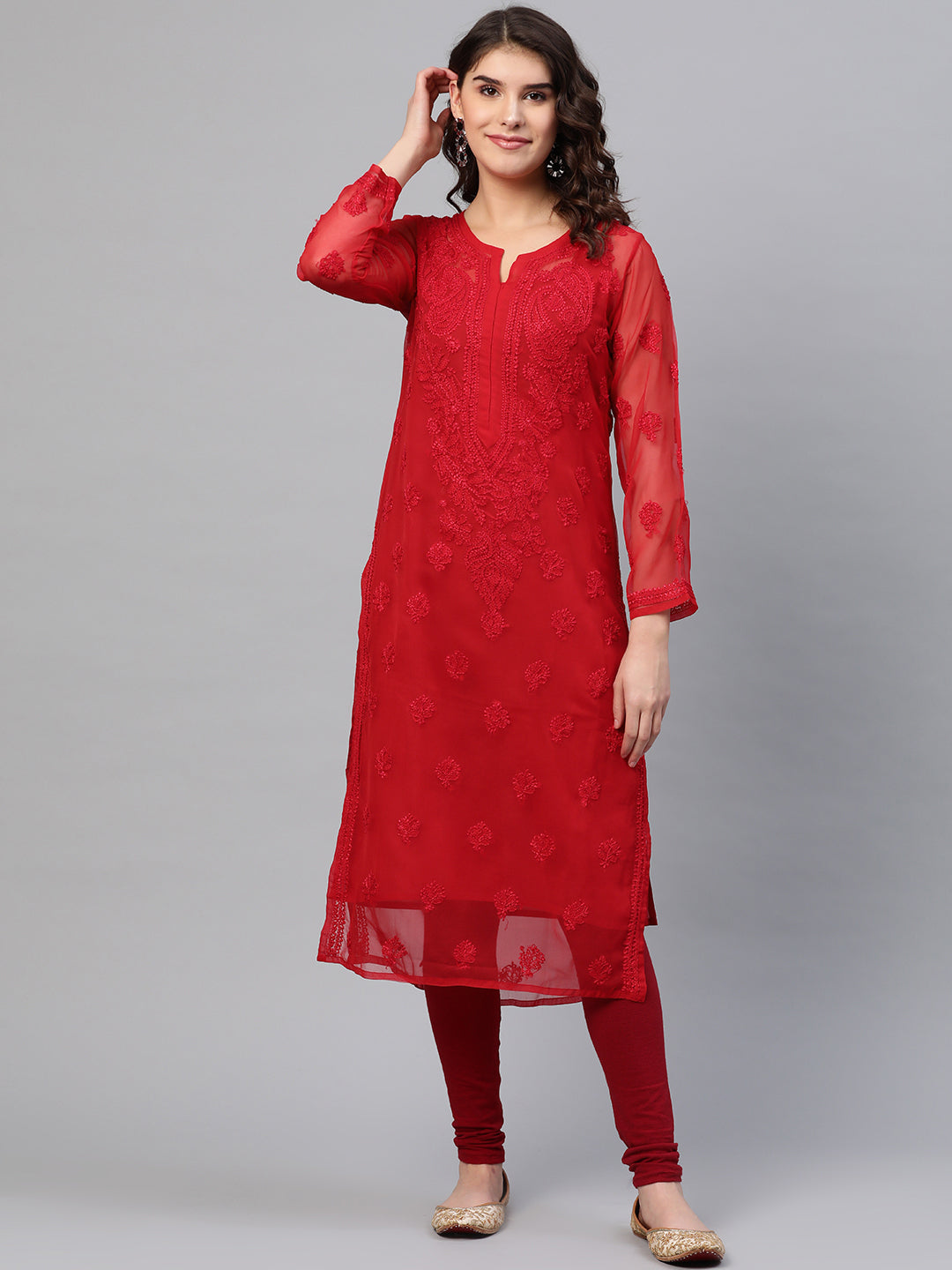 Red-Poly-Georgette-Embroidered-Chikankari-Kurta-With-Slip